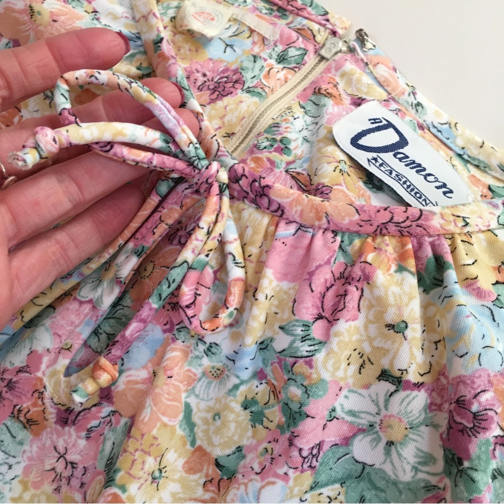 Vintage 60 70 Cottagecore Pastel Floral Peasant Midi Dress Poet sleeves - Picture 5 of 16